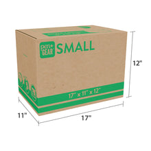 Kraft small moving box with green strip and “17 x 11 x 12 in” sides