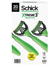 Schick Xtreme3 Sensitive disposable razor pack with two green 3-blade handles