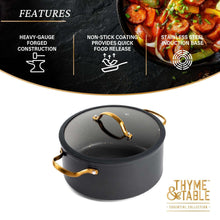 Black non-stick stock pot with clear glass lid and gold-tone handles on display