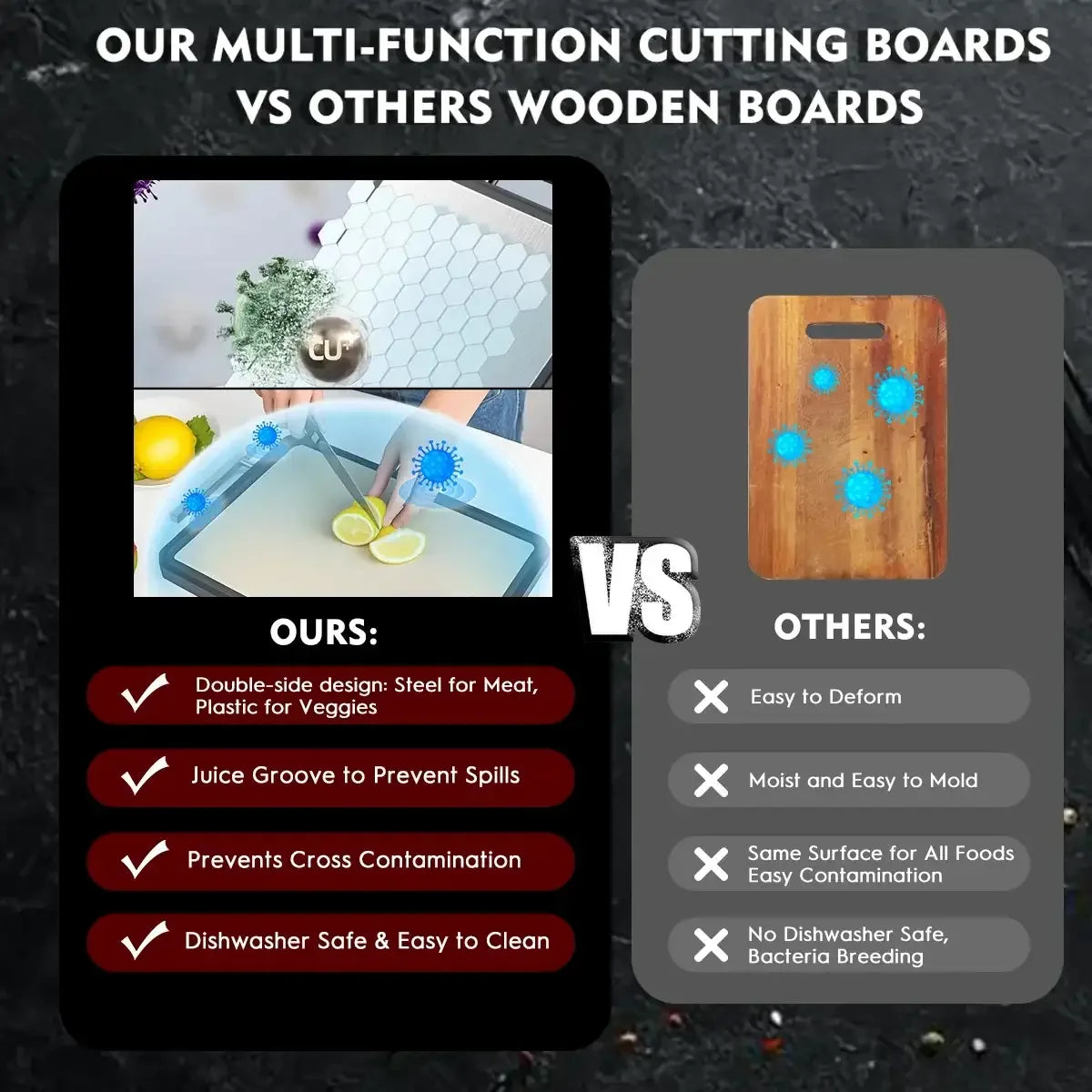 Double-Sided Cutting Board, AOKIWO Large Cutting Boards with Handle & Knife Protector finger guard，Non toxic Stainless Steel Wheat straw PP Chopping Board for Kitchen meat and vegetables-16 * 11 Inch - USA MEGA SHOP