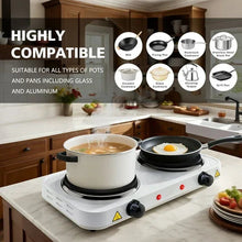 Portable double electric hot plate with two burners on a white base and black control knobs