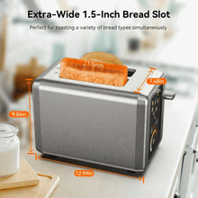 Stainless steel toaster with extra-wide 1.5-inch bread slots and thickness measurement