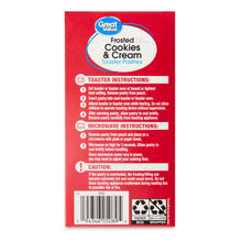 Toaster instructions panel on Great Value frosted cookies & cream pastries box