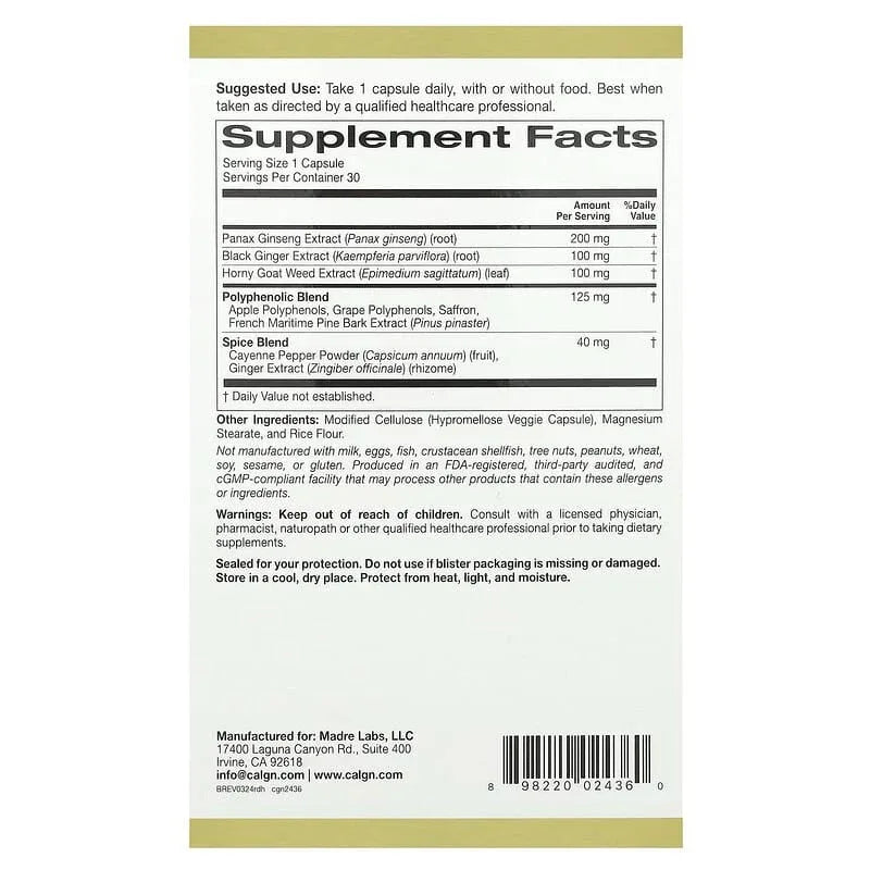 California Gold Nutrition, Rexdriveâ„¢ Men's Herbal Performance Formula with Panax Ginseng, Black Ginger, and Horny Goat Weed Extracts plus Botanical Blends, 30 Veggie Capsules - USA MEGA SHOP
