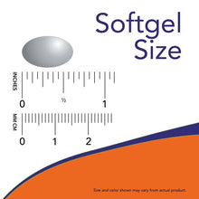 Softgel size diagram with oval capsule and inch and centimeter scale markings