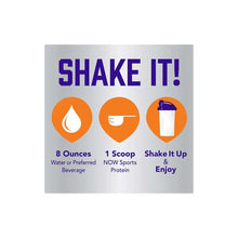 Protein powder mixing instructions graphic: 8 ounces, 1 scoop, shake it up