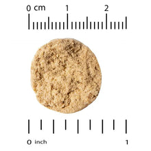Dog multi-vitamin soft chew, round brown chew with size ruler markings