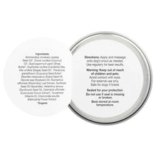 Dog snout balm tin label with ingredients and directions