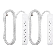 White Philips 6-outlet surge protector pair with braided cords, six outlets per strip