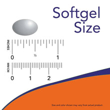Softgel size guide with oval silhouette and inch/cm measurement lines