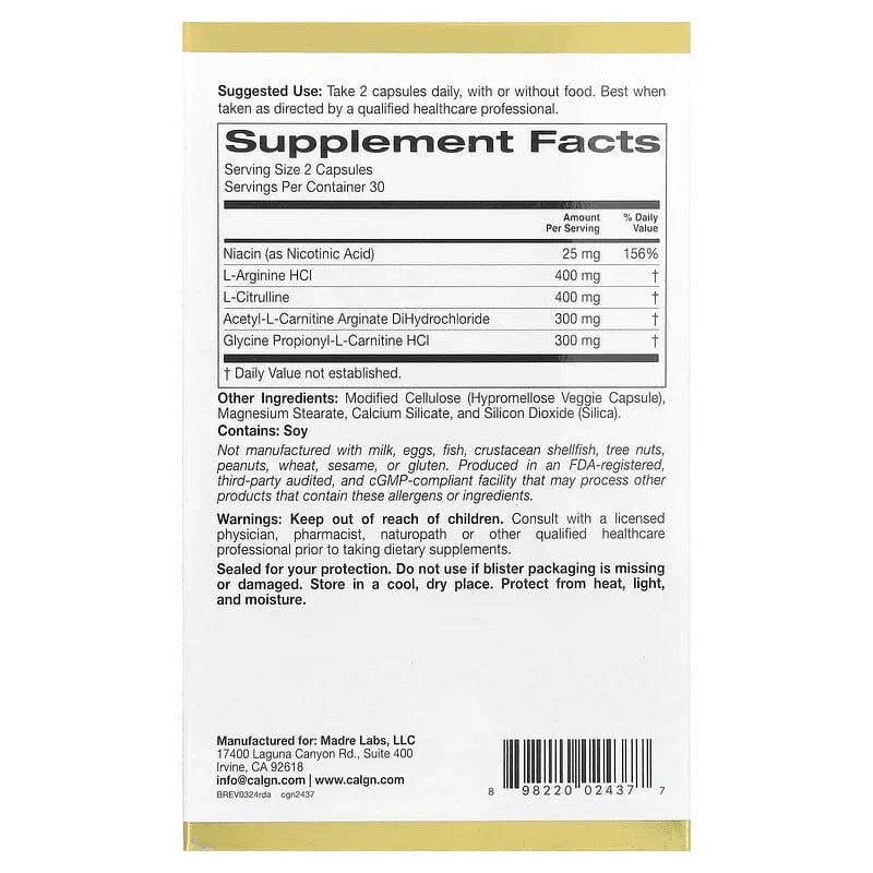 California Gold Nutrition, Rexdriveâ„¢ Amino with L-Arginine HCl, L-Citrulline, Acetyl-L-Carnitine Arginate DiHydrochloride, and Glycine Propionyl-L-Carnitine HCl, Men's Formula, 60 Veggie Capsules - USA MEGA SHOP