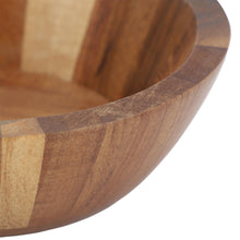 Acacia wood bowl rim detail, smooth interior with striped grain