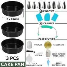 Round cake pan set with three 8-inch pans, icing tips, scraper, leveler and spatula