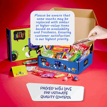 Assorted snack box with I AM Snacky design, open top with snacks visible