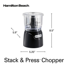 Hamilton Beach Stack & Press mini chopper, clear bowl and black base with size lines