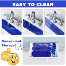 Blue microfiber duster pads for cleaning, shown above a faucet and sink