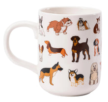 White dog mug with handle and all-over puppy illustrations, 'Woof' on rim