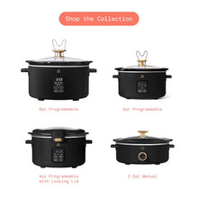 Collection of black programmable slow cookers in several sizes and lid styles