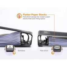 Bostitch flat-clinch stapler pressing staples into stacked papers, black