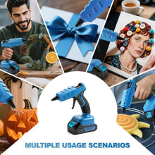 Blue cordless hot glue gun shown in multiple DIY scenarios for decorations and gifts
