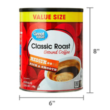 Classic Roast ground coffee canister front with 6 in x 8 in size markers
