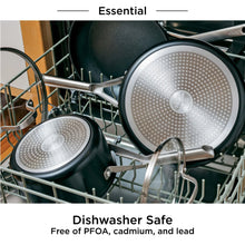 Two black nonstick frying pans in dishwasher rack with stainless frames