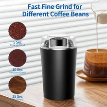 Black electric coffee grinder with clear lid for fast grinding