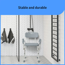 Gray bath chair with backrest and armrests, sturdy frame and four legs