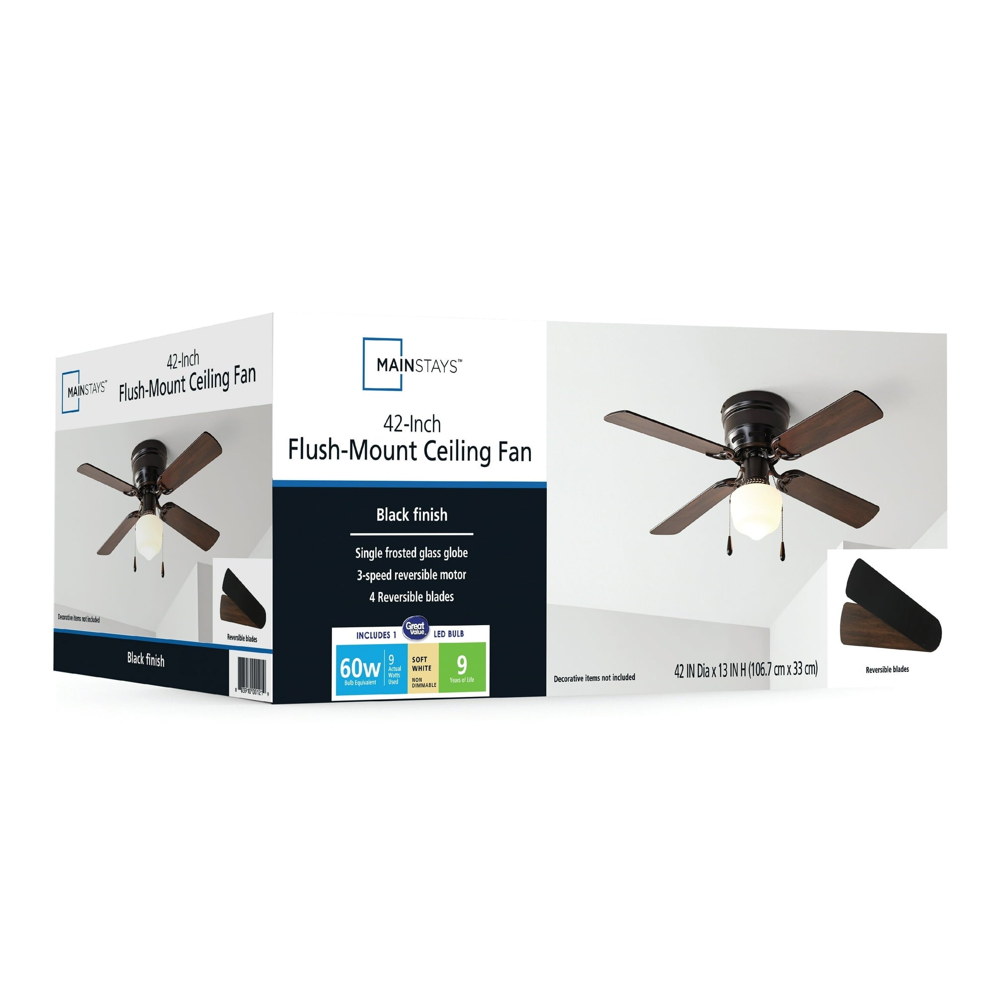 Mainstays 42 inch Hugger Indoor Ceiling Fan with Light Kit, Black, 4 Blades, Reverse Airflow