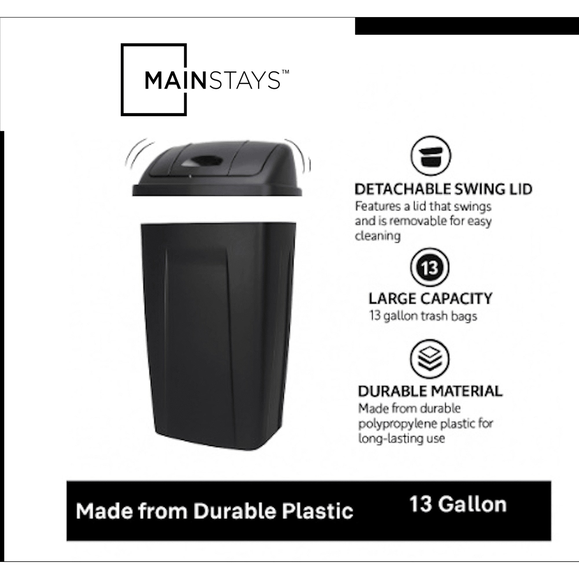 Mainstays Kitchen Trash Can, 13 Gallon Plastic Garbage Bin with Swing Top Lid, Black