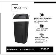 Black 13-gallon plastic trash can with swing lid, rounded top and front panel.