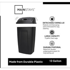 Mainstays Kitchen Trash Can, 13 Gallon Plastic Garbage Bin with Swing Top Lid, Black