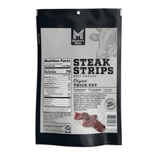 Beef steak strips snack pouch back with Nutrition Facts panel