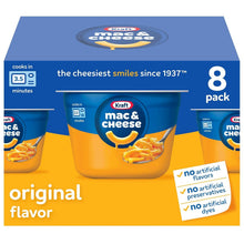 Microwavable mac and cheese cups box front, original flavor, 8 pack, no artificial flavors