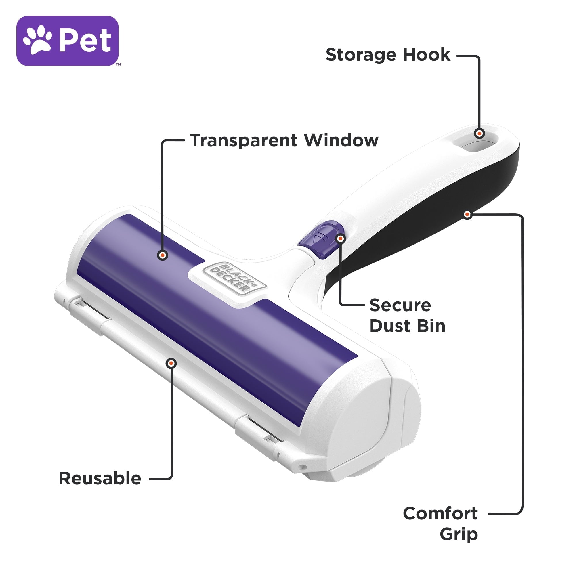 BLACK+DECKER Reusable Pet Hair & Fur Lint Roller & Remover – Fabric, Furniture, Car Seat Cleaning Tool, HMSCT0001