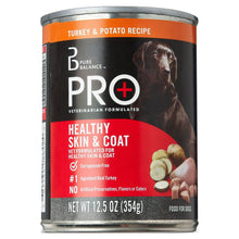 Wet dog food can, turkey and potato recipe, front label with PRO+ mark
