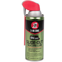 RVcare slide-out silicone lube can with red cap, green/black label, 11 oz