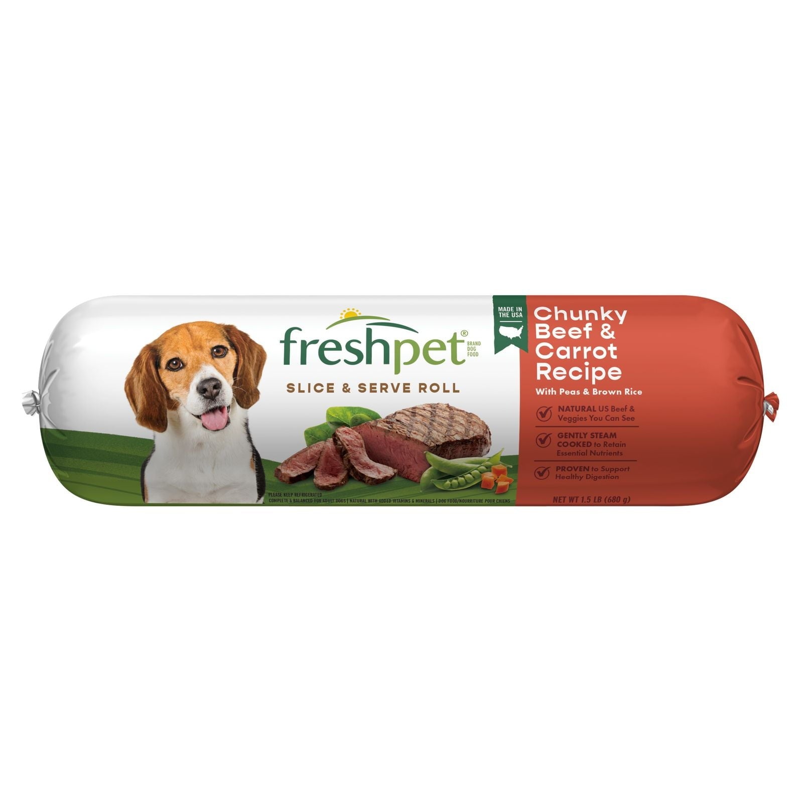 (4 pack) Freshpet Fresh Dog Food, Chunky Beef and Carrot Recipe, Slice & Serve Roll, 1.5 lb.