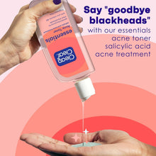 Acne toner bottle with dropper dispensing onto palm for facial application