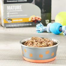 Mature wet dog food cup with sliced chicken stew in an orange-trim bowl