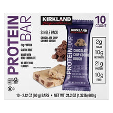 Kirkland chocolate chip cookie dough protein bars box, single pack, 10-count