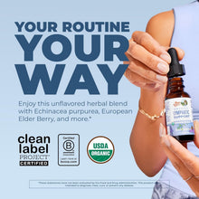 Lymphatic support drops bottle in hand, vegan alcohol-free herbal blend