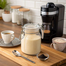 French vanilla beverage mix in a clear jar with frothy coffee and cups on table