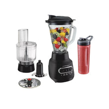 3-in-1 countertop blender set with clear glass jar, chopper cup, and travel bottle