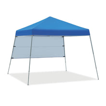 Blue pop-up canopy tent with side panels and metal legs, peaked roof