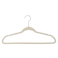 Beige velvet adult clothing hanger with curved bar and notched shoulders