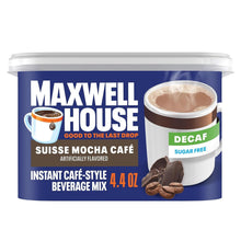 Maxwell House decaf instant coffee beverage mix tub, Suisse Mocha café, sugar free