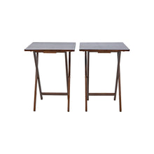 Walnut folding tray table set of 2, gray tabletops and X-frames, front view