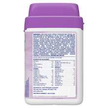 Purple infant formula powder canister with nutrition ingredients panel on back