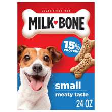 Small dog biscuit box front with dog face, bones, 15% protein and 24 oz
